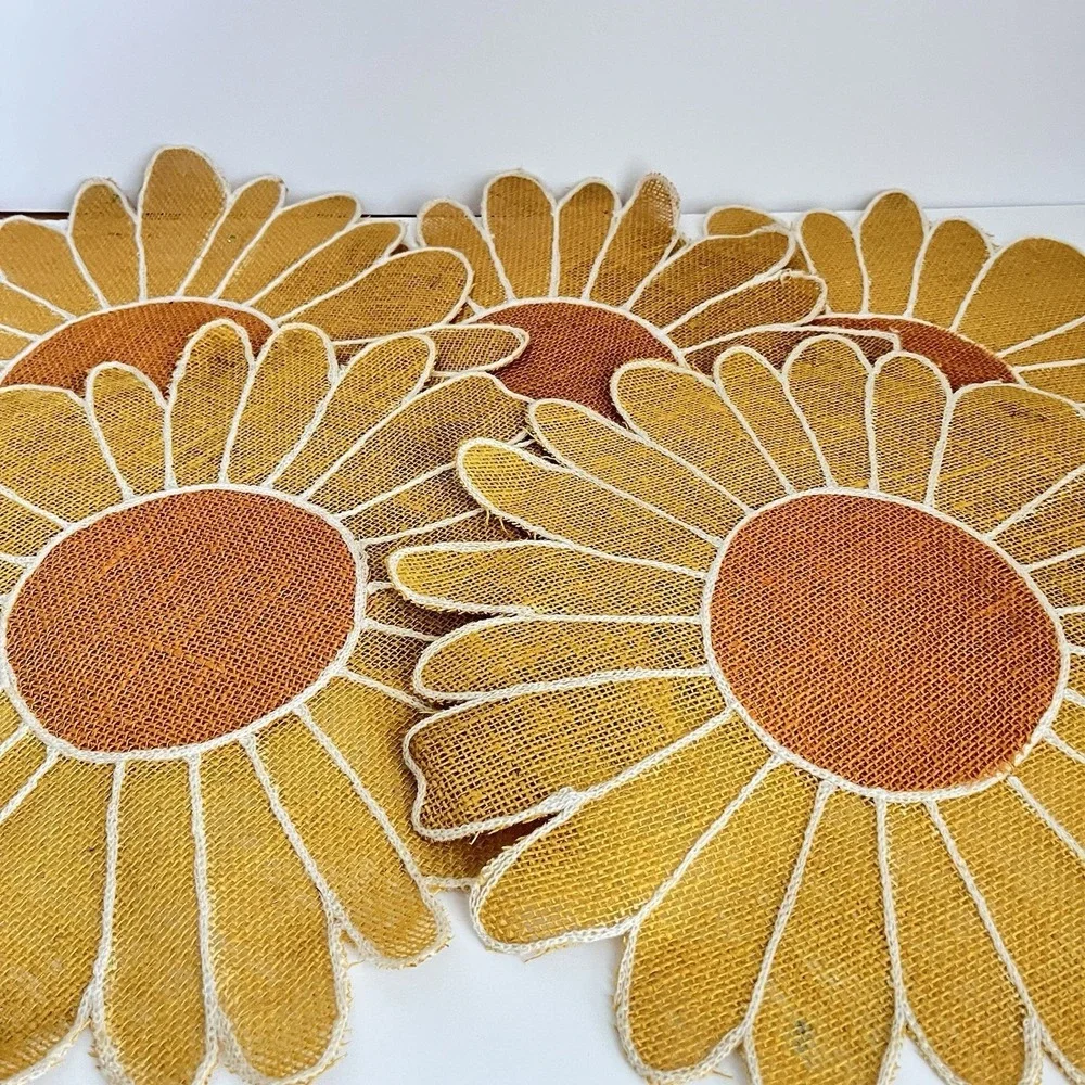 Vtg set 5 sunflower placemats straw raffia yellow orange summer party daisy